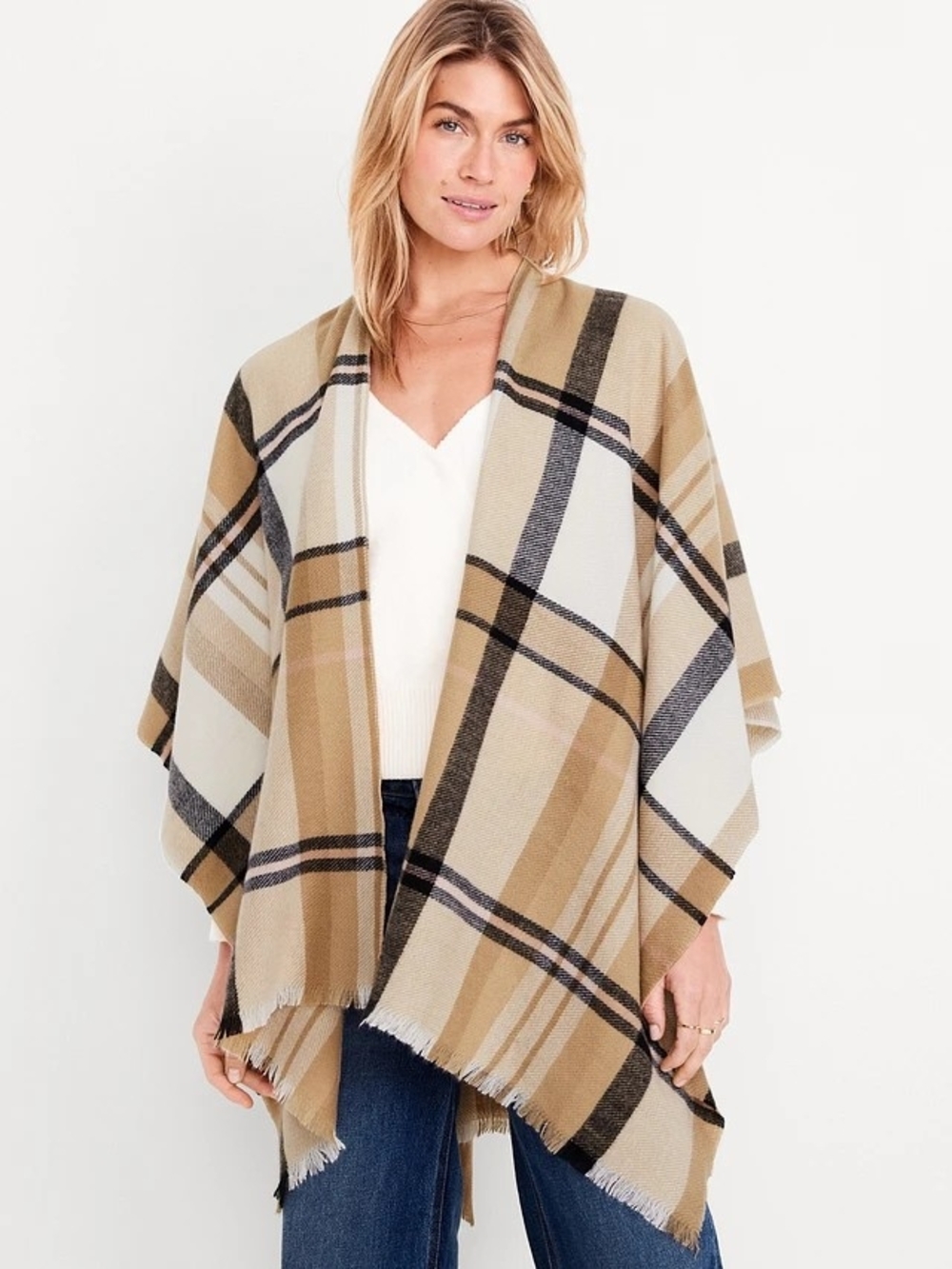 Old Navy Beige And Black Plaid Sweater Scarf Wrap